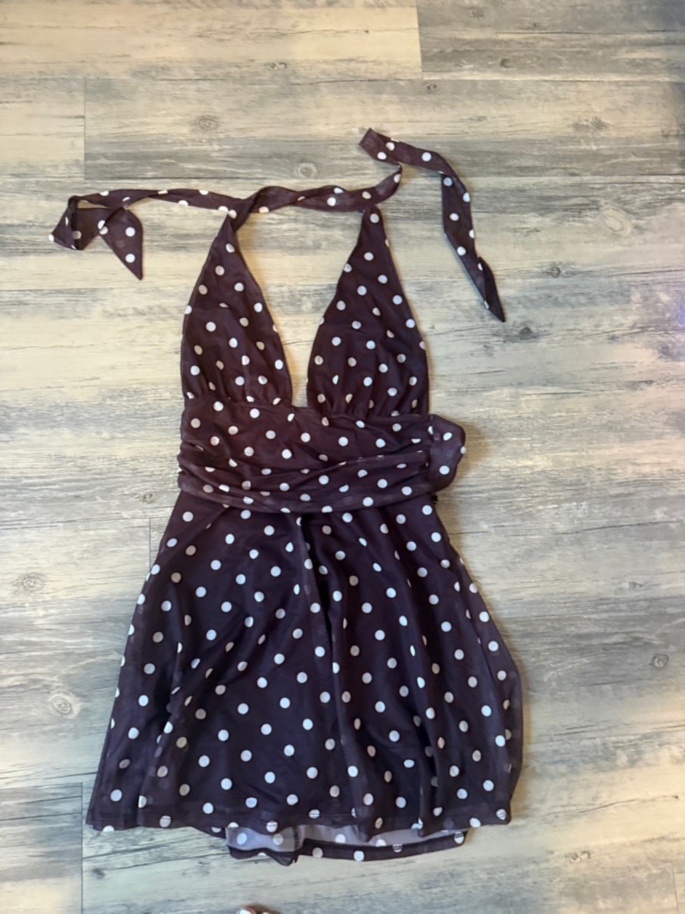 Polka Dot Halter Swimdress - Brown with White Dots
